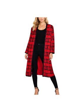 Old Money Bold Sequin Silk Red Black Beaded Geometric Retro Long Jacket VTG 2X